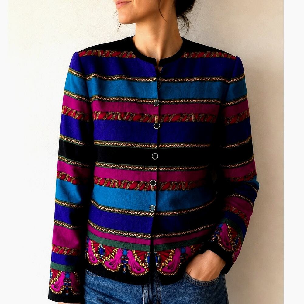 Vintage Adrianna Papell 100% Silk Jewel Tone Baroque Jacket Blazer Sz 10/Medium